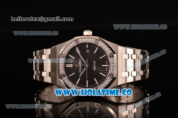 Audemars Piguet Royal Oak 41MM Clone AP Calibre 3120 Automatic Steel Case/Bracelet with Black Dial Diamonds Bezel - Stick Markers (EF) - Click Image to Close